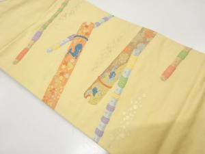 金通し　横笛に鹿・草花模様織り出し　名古屋帯